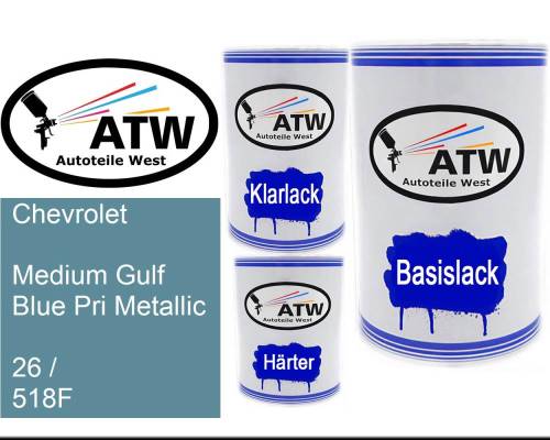 Chevrolet, Medium Gulf Blue Pri Metallic, 26 / 518F: 500ml Lackdose + 500ml Klarlack + 250ml Härter - Set, von ATW Autoteile West.